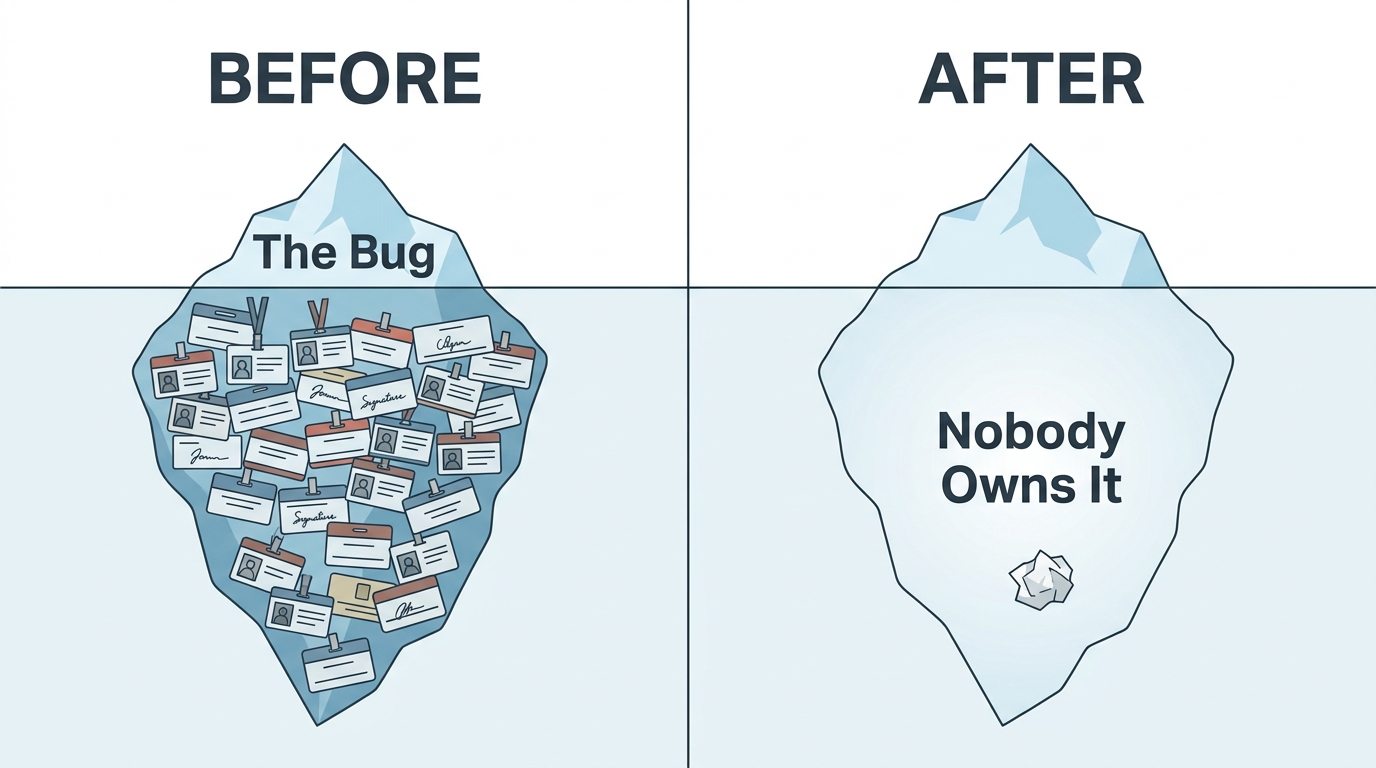 Two icebergs side by side. The 'before' iceberg has a small tip labelled 'The Bug' and a submerged mass packed with name badges and signatures. The 'after' iceberg is hollow and empty below the waterline, holding nothing but a single crumpled scrap of paper