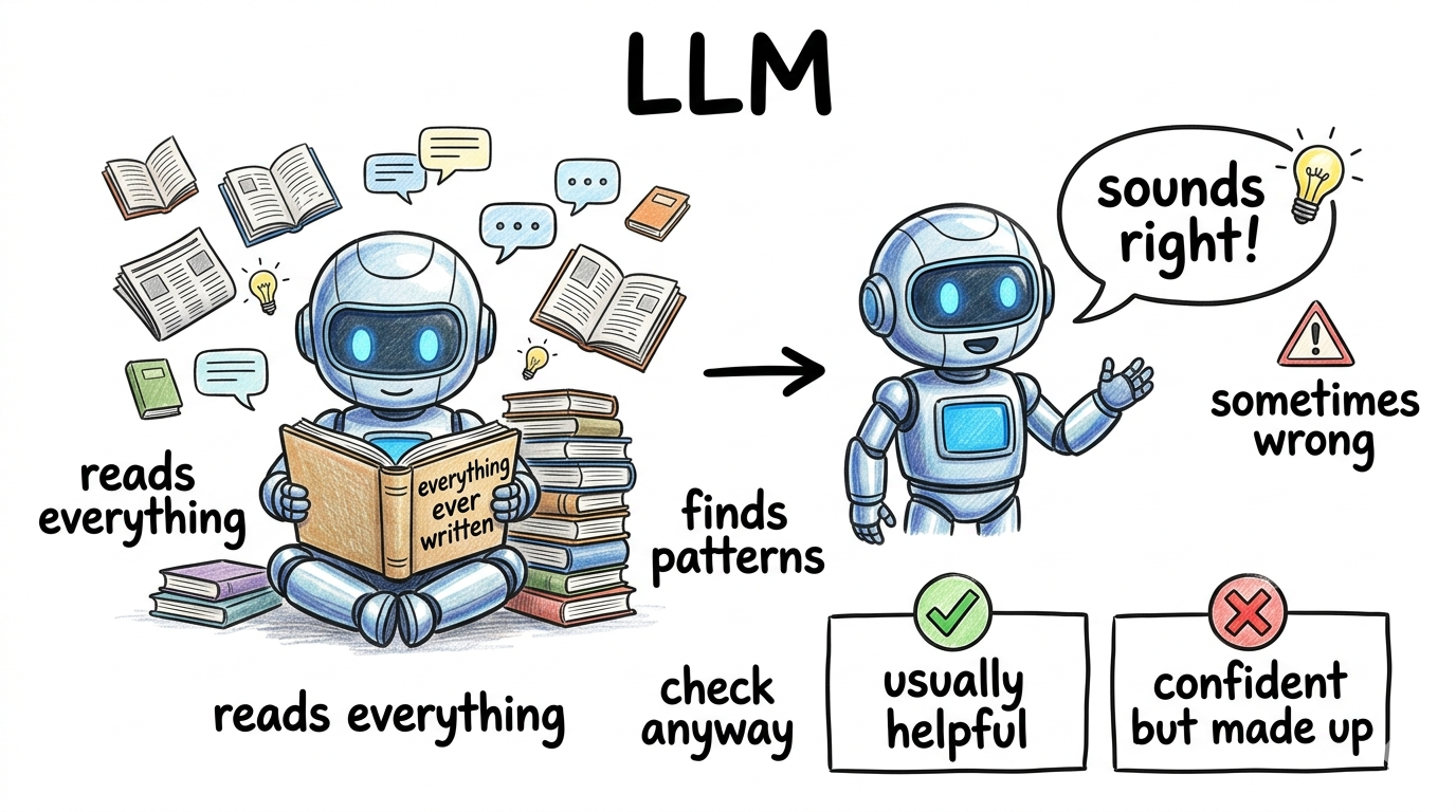 LLM explained — reads everything, finds patterns, sounds right, sometimes wrong