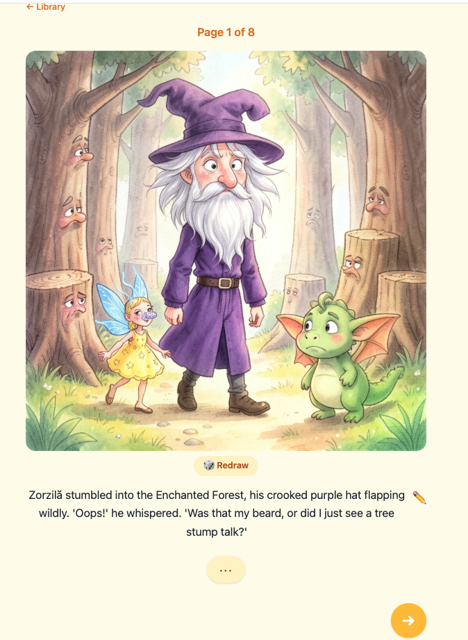 StoryTime viewer — illustrated page with inline redraw