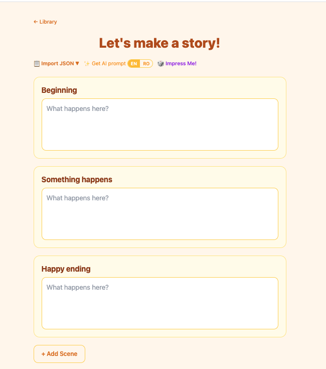 StoryTime composer — scene cards and Impress Me