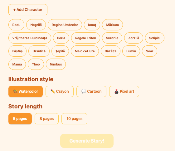 StoryTime composer — characters, art style, and story length