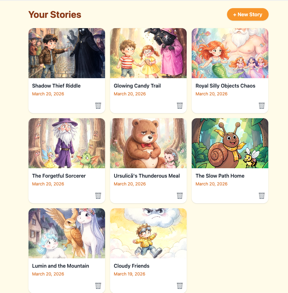 StoryTime library — story grid with generated cover images